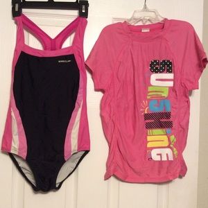 Bundle: Speedo one piece swimsuit & sunshine pink swim rash guard top girl’s 12